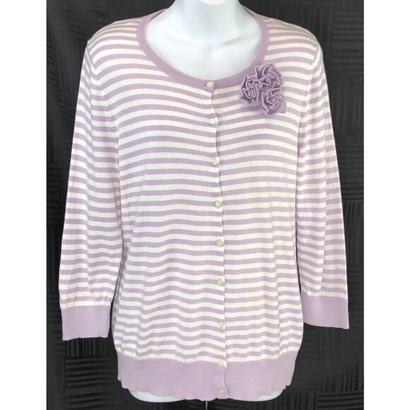 Vintage Knit Cardigan Sweater L Purple Stripe 3/4 Sleeve Crochet Flowers 90s Y2K - Picture 1 of 5